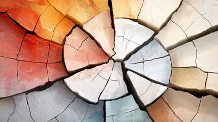Cracked earth close up with sharply defined patterns and artistic blend of warm and cool tones, creating visually striking abstract texture. detailed fissures enhance depth and contrast