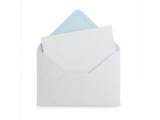 An open white envelope reveals a blank card with a light blue inner lining, inviting correspondence or messages.