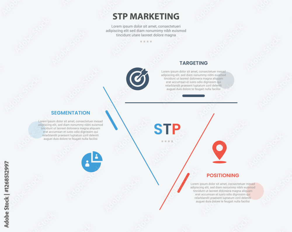 Sticker stp marketing infographic outline style with 3 point template with creative triangle shape on center