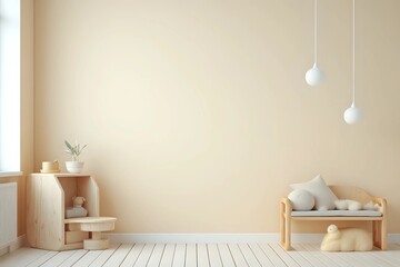 Mockup wall in the children's room on wall cream color background with copy space