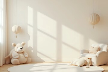 Mockup wall in the children's room on wall cream color background with copy space