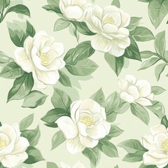 Seamless White Camellia Blossom Pattern on Pale Green Background