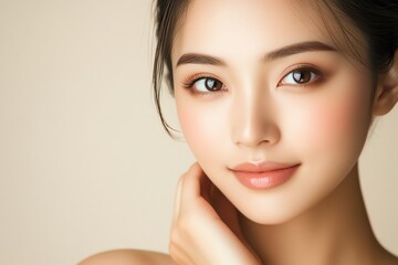 Young Asian woman with flawless skin minimal makeup soft studio lighting warm beige tones gentle expression skincare and beauty theme