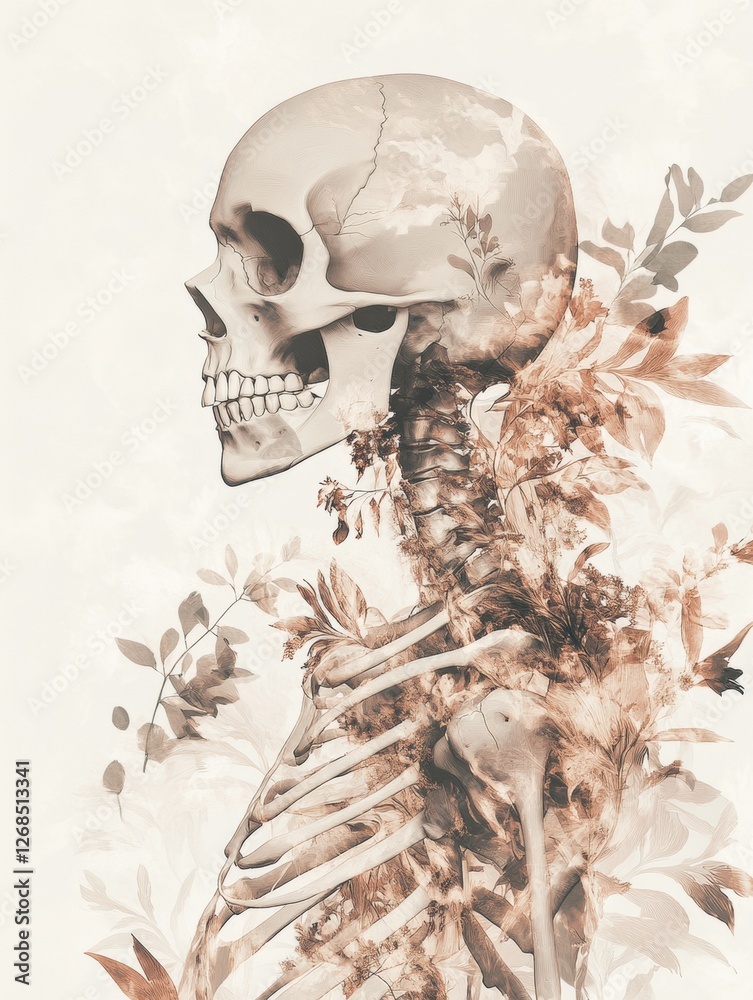 Poster delicate fusion of human skeleton and botanical elements showcasing natures beauty and fragility. ge