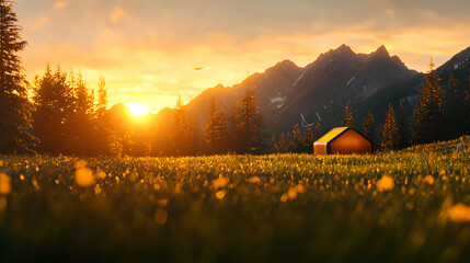 Sunset over Alpine Meadow with Small Cabin