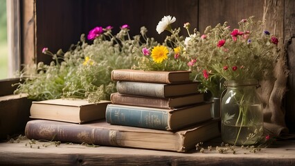 Fototapeta premium Old Books with Wildflowers, Vintage Aesthetic Blending Literature and Nature in a Rustic, Timeless Setting