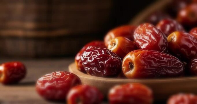 Motion shot of dates fruit, honey, bidara leaves, chickpeas, Arabian fruits, sand dune, desert, Eid Mubarak, Ramadan