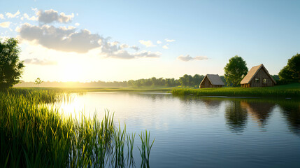 Sunset Over Calm Lake with Rustic Cabins
