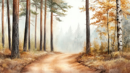 Obraz premium Forest trail with earthy browns and muted greens, surrounded by tall pine and birch trees, with soft mist in background creating serene autumn atmosphere