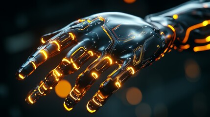 Obraz premium AI-driven cybernetic prosthetic limb surface with smooth metallic finish and glowing circuits. --chaos 20 --ar 16:9 --quality 2 --v 6.1 Job ID: e102421b-90bd-4857-850c-4dc3be6f6f1a
