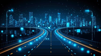 Futuristic Smart City Highway at Night Autonomous Vehicle on Illuminated Road
