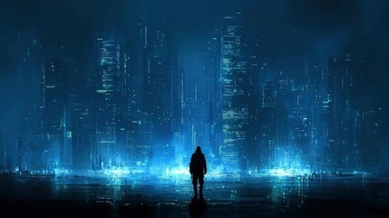 Solitary Figure Contemplating a Futuristic Cityscape at Night