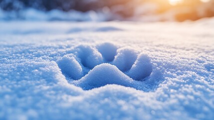 Obraz premium Warm sunlight illuminates a perfect paw print nestled in pristine winter snow. AI Generated