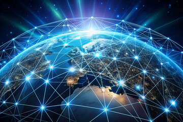 Global network connection, earth, space, digital, glowing, technology, communication, website banner