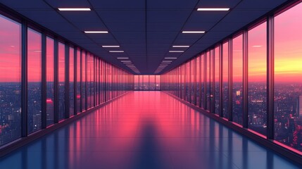 Fototapeta premium Modern Office Space with City View at Sunset in Urban Environment