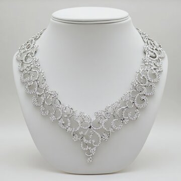 A stunning silver necklace with diamond intricate detailing, elegantly displayed on a white stand