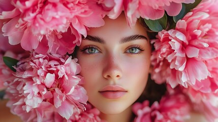 Pink Peonies and a Pretty Face: A Portrait of Beauty and Nature