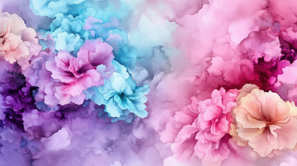 Obraz premium Floral watercolor artwork with vibrant pink, blue, and purple hues blending seamlessly in abstract cloud like composition, evoking dreamy and ethereal atmosphere
