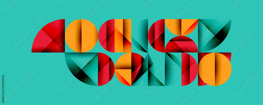 Poster Abstract geometric background with layered gradient shapes forming dynamic patterns. Overlapping semi circles and triangles create depth and contrast