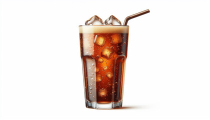 Cold brown drink with fizzy bubbles in a tall, clear glass with water drops and ice cubes. Side view.