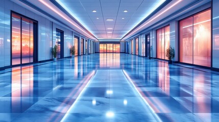 Fototapeta premium Modern Interior Hallway with Vibrant Sunset Reflections and Lighting