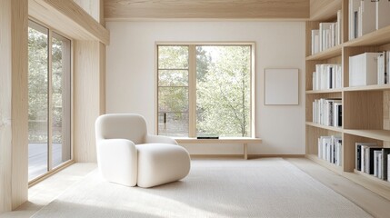 Modern minimalist reading nook, serene forest view, light wood shelves, calming interior design for home decor