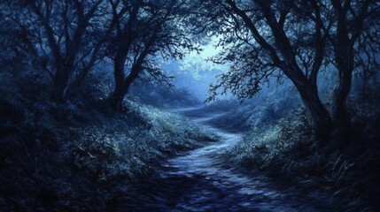 Fototapeta premium Moonlit path winding through a dark, mysterious forest.