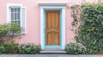 front wall of a house with a vintage wooden door in soft teal and pastel pink, surrounded by white trim and climbing ivy, giving off a charming cottage vibe
