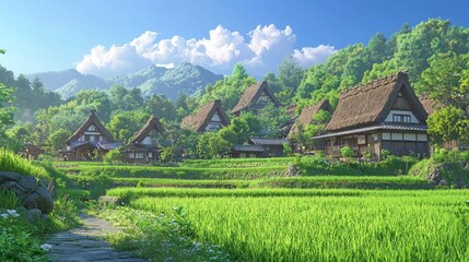 Serene Rural Village Landscape Surrounded by Lush Greenery