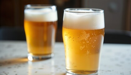  Beer Foam.Two glasses of cold beer with foam on a table in a cozy atmosphere
