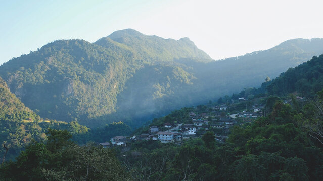 Landscape view of the rural village in the mountains
