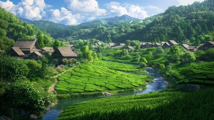 Vibrant Countryside Scene in Japan with Lush Greenery and Mountains