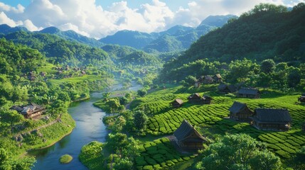 Scenic Vibrant Countryside Landscape in Japan with Lush Mountains