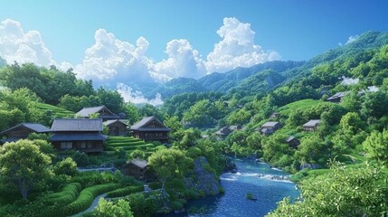 Vibrant Countryside Scene in Japan with Lush Greenery and Waterway