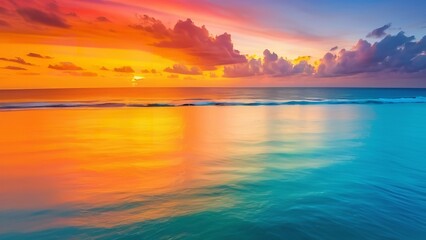 Obraz premium an abstract photograph of a rainbow sunset with a boat in the water and houses around it