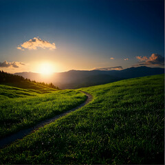 Obraz premium Sunset Over Lush Green Hills and Winding Path