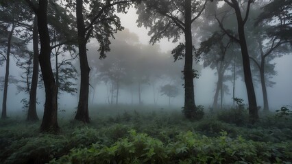 Misty Forest Scene with Tall Trees and Green Foliage in Morning Light