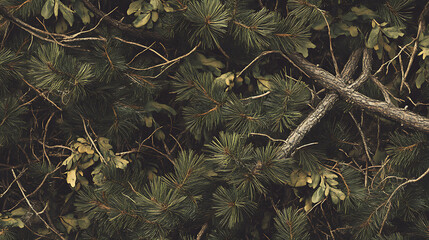 Seamless Pine Forest Camouflage Pattern – Realistic Tree Branches and Foliage Background.