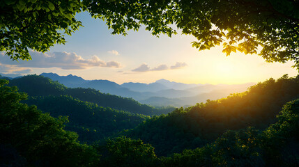 Sunset Over Lush Green Mountain Range