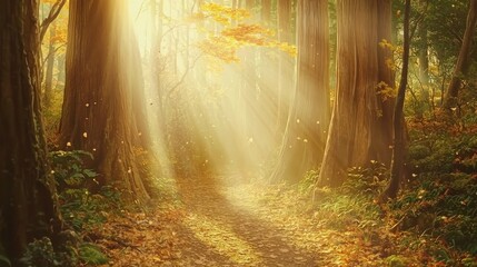 Obraz premium Serene Pathway Through a Tranquil Japanese Forest in Autumn Light