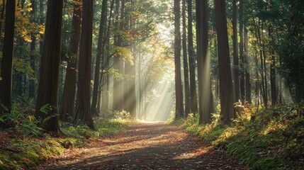 Fototapeta premium Tranquil Japanese Forest Path with Sunlight Streaming Through Trees