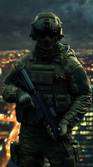 Fototapeta premium Armed soldier in tactical gear standing against a city skyline at night