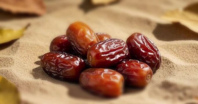 Motion shot of dates fruit, honey, bidara leaves, chickpeas, Arabian fruits, sand dune, desert, Eid Mubarak, Ramadan