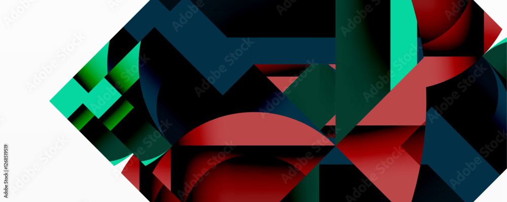 Poster Abstract geometric composition with interlocking circular and angular shapes, featuring smooth gradients and sharp contrasts on a white background