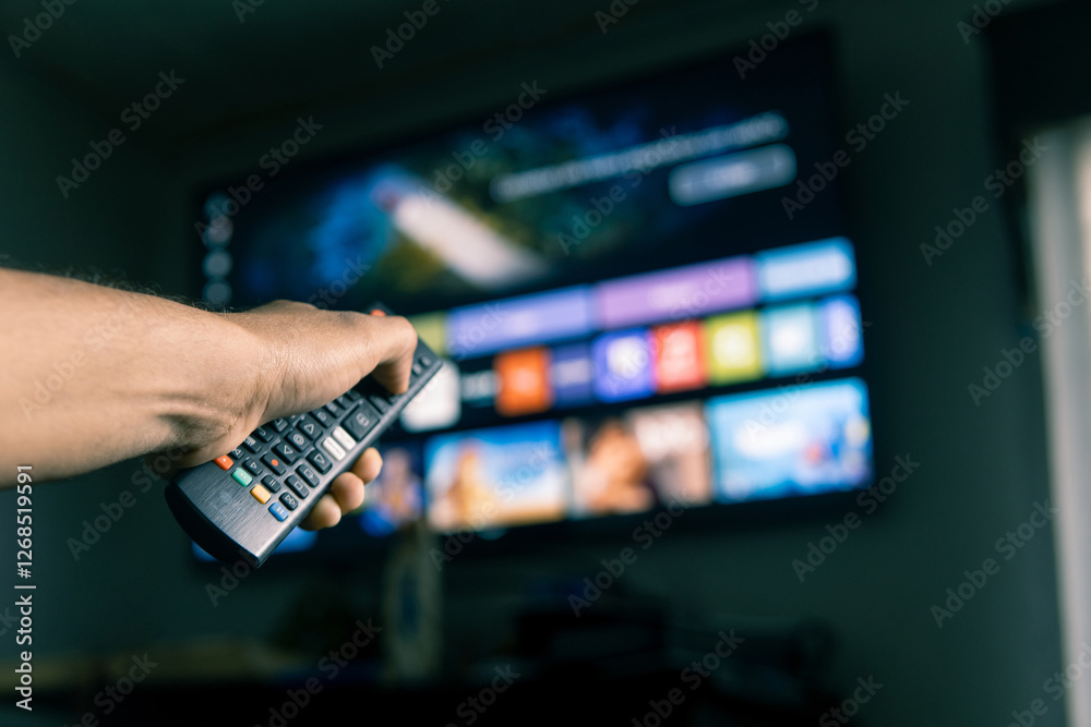 Wall mural man using remote control to choose streaming platform program on smart tv