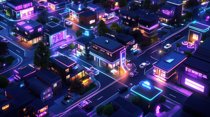 Fototapeta premium Neon-lit city at night, aerial view, futuristic architecture, website banner