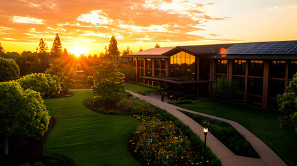 Sunset Over Modern Building and Landscaped Garden