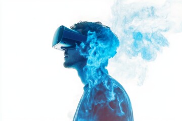 Man using VR headset, blue smoke effect, white background, tech concept
