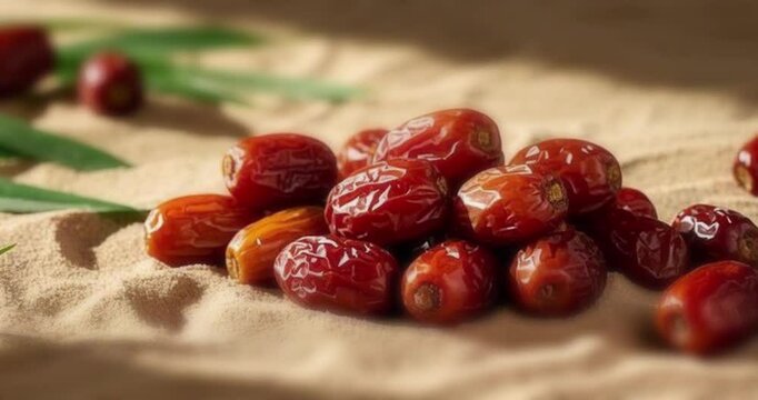 Motion shot of dates fruit, honey, bidara leaves, chickpeas, Arabian fruits, sand dune, desert, Eid Mubarak, Ramadan
