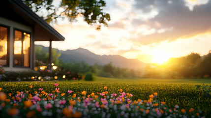 Sunset Over Mountain Landscape with Modern House and Flower Field